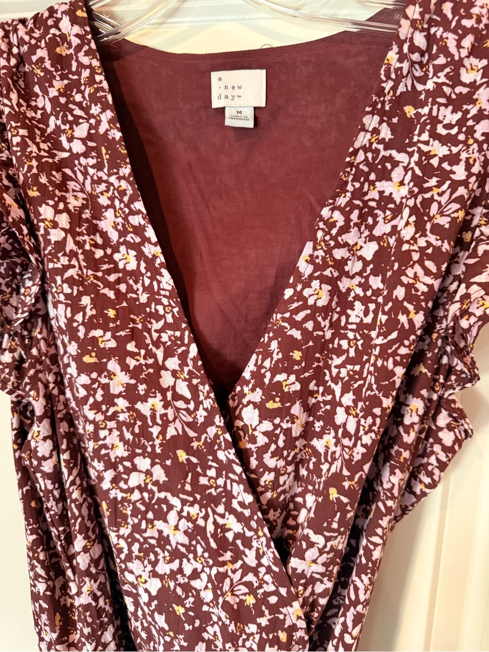 a new day Burgundy Floral Wrap Midi Dress with Flutter Sleeves - Picture 2 of 3
